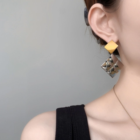 Orecchini Pendenti Geometrici Quadrati Rame Bicolore Con Perno In Argento 925 Stile Minimalista