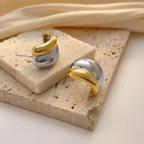 Orecchini A Cerchio Bicolore A Forma Di C Rame Placcato Oro 18K Con Perno In Argento 925 Gioielli Minimalisti Donna