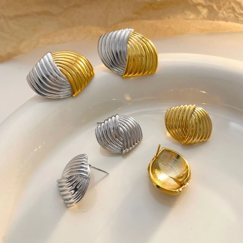 Textured Fan Stud Earrings Copper Plated Gold With 925 Sterling Silver Earring Post Two Tone Retro Shell Style For Women