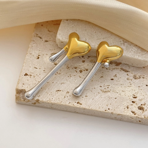Boucles D'oreilles Cœur Irrégulières Bicolores Plaqué Or Argent Cuivre Avec Tige En Argent Sterling 925 Métal Liquide