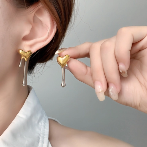Boucles D'oreilles Cœur Irrégulières Bicolores Plaqué Or Argent Cuivre Avec Tige En Argent Sterling 925 Métal Liquide