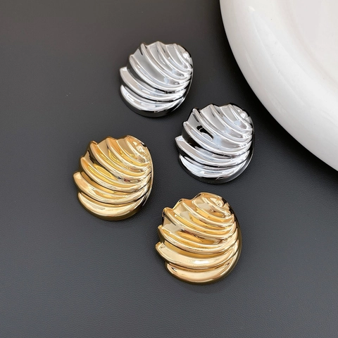 Chunky Ribbed Dome Stud Earrings Shell Wave Pattern 18K Gold Plated Copper With 925 Sterling Silver Earring Post