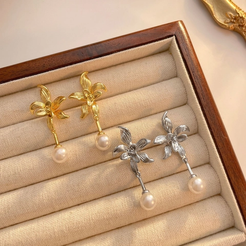 Pendientes De Flor Y Perla Artificial Con Poste De Plata De Ley 925 Joyería De Flor De Cobre Elegante Para Mujer