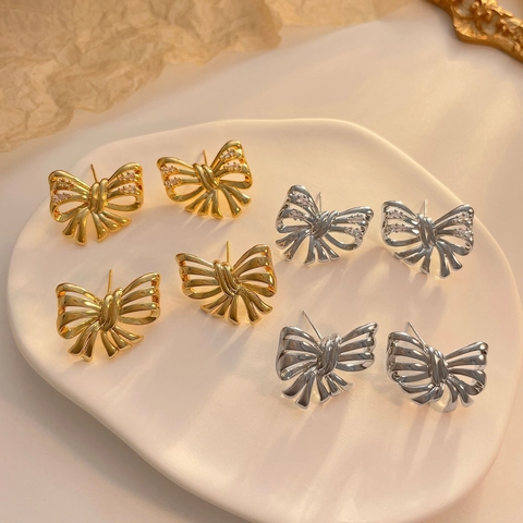 Elegant Bowknot Copper Earrings With 925 Sterling Silver Earring Post And Zircon Korean Sweet Ribbon Jewelry For Women
