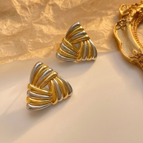 Mixed Color Geometrische Dreieck 18K Vergoldete Kupfer Ohrstecker Mit 925 Sterling Silber Ohrstift Gerippt Für Damen