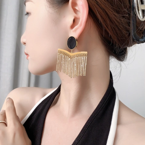 Pendientes Bohemios De Borla Larga Con Esmalte Negro Cobre Circón Y Postes De Plata De Ley 925 Para Mujer