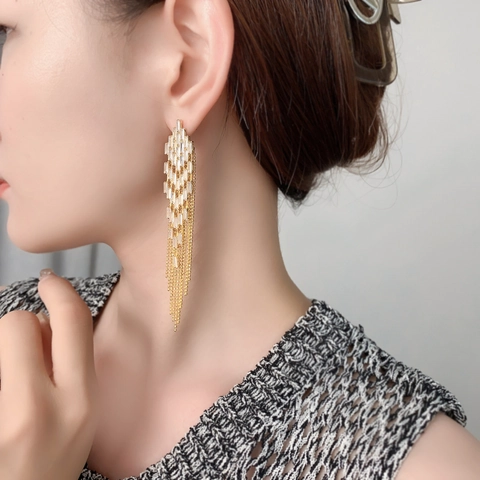 Long Tassel Drop Earrings Geometric Zircon 925 Sterling Silver Earring Post Luxurious Elegant Jewelry For Women