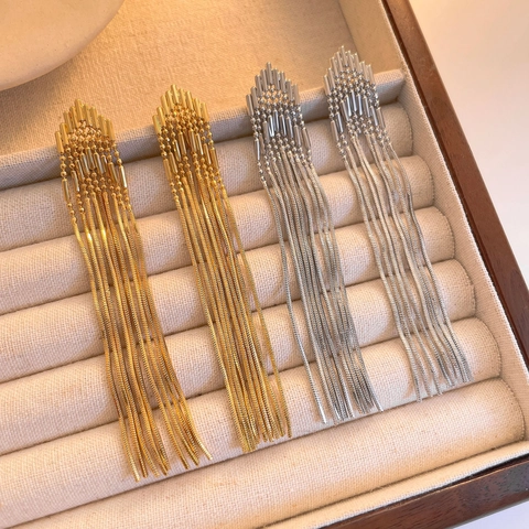 Boucles D'Oreilles Longs Glands Cuivre Plaqué Or 18K Avec Tige Argent 925 Style Français Chaîne De Serpent Femmes