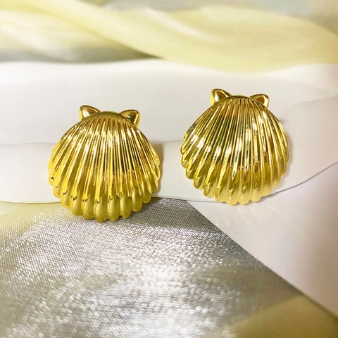 Shell Cat Ear Stud Earrings Copper 14K Gold Plated With 925 Sterling Silver Earring Post For Women