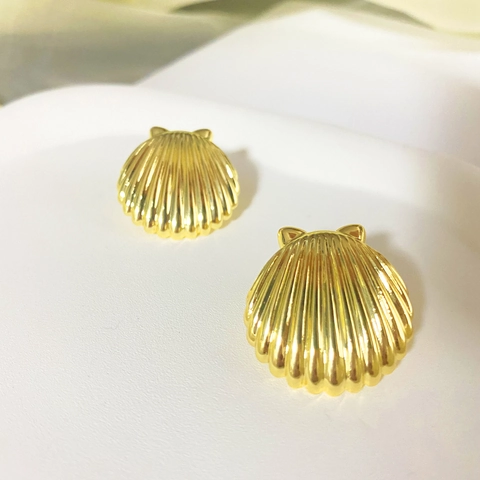 Shell Cat Ear Stud Earrings Copper 14K Gold Plated With 925 Sterling Silver Earring Post For Women