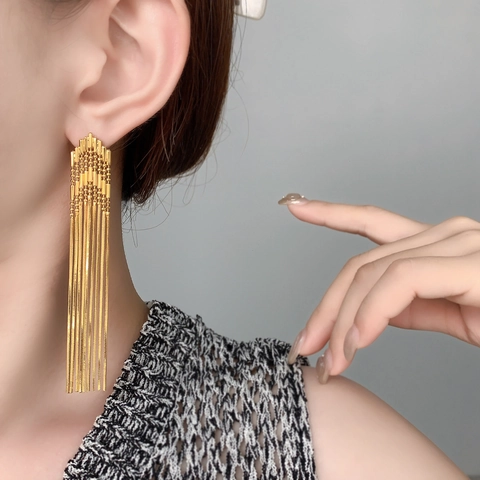 Boucles D'Oreilles Longs Glands Cuivre Plaqué Or 18K Avec Tige Argent 925 Style Français Chaîne De Serpent Femmes