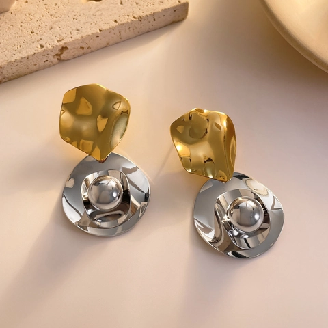 Irregular Pleated Stud Earrings Gold Silver Color Block Copper With 925 Sterling Silver Earring Post High End Niche Design