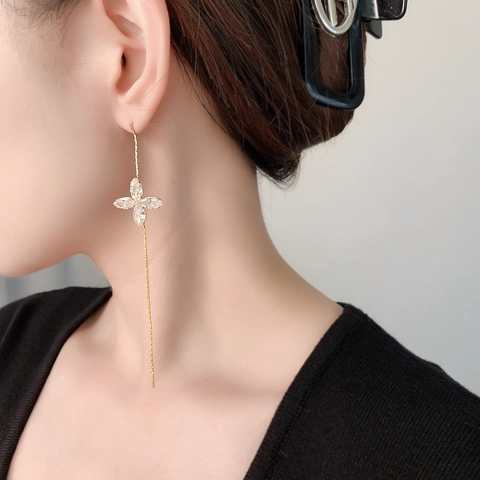 Long Tassel Drop Earrings Flower Copper 18K Gold Plated Zircon With 925 Sterling Silver Earring Post Elegant For Women