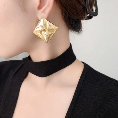 Geometric Square Stud Earrings Copper With 925 Sterling Silver Earring Post Windmill Texture Minimalist Bold For Women