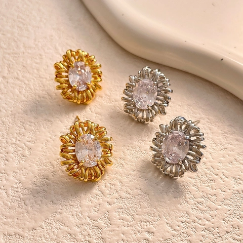 Orecchini A Lobo Girasole Con Zircone Ovale Design Floreale Rame 925 Sterling Silver Earring Post Vintage Elegante Donna