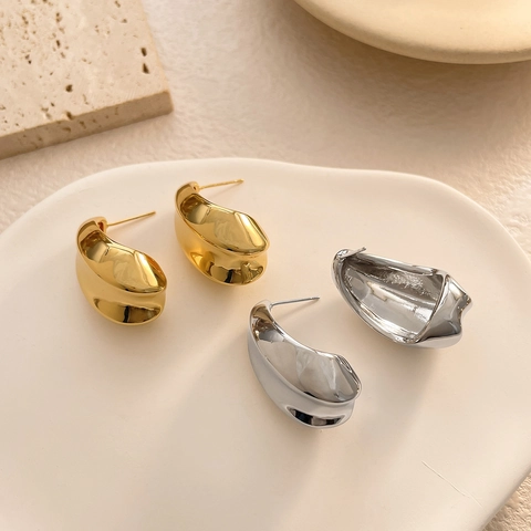 Geometric Earrings Copper With 925 Sterling Silver Earring Post Irregular C Shape Liquid Metal Minimalist For Women