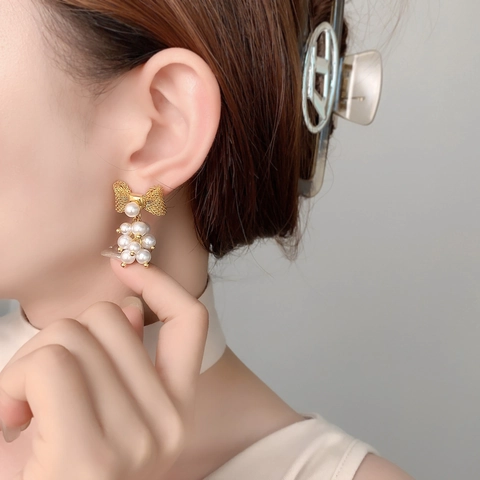 Orecchini Pendenti Con Fiocco Trama A Rete In Rame Grappolo Di Künstliche Perle E Perno In Argento Sterling 925 Stile Retro