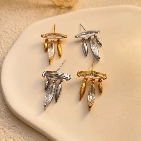Marquise Zircon Tassel Stud Earrings Copper Plated Gold For Women With 925 Sterling Silver Earring Post Elegant Vintage