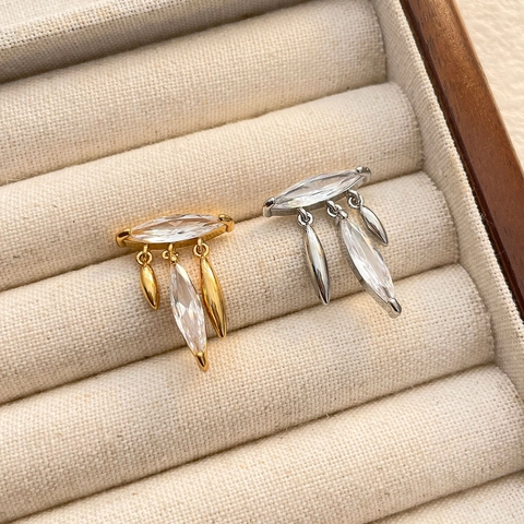 Marquise Zircon Tassel Stud Earrings Copper Plated Gold For Women With 925 Sterling Silver Earring Post Elegant Vintage