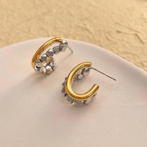 Créoles En Forme De C Cuivre Plaqué Or Bicolore Géométrique Cube Rivet Avec Tige En Argent Sterling 925 Femmes