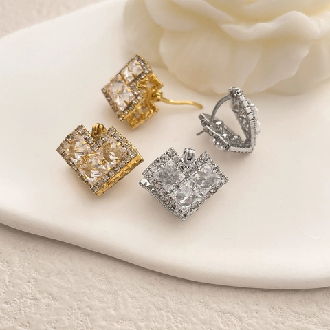 Square Geometric Cubic Zirconia Stud Earrings Light Luxury 18K Gold Plated Copper Earring Post For Women Classic Jewelry
