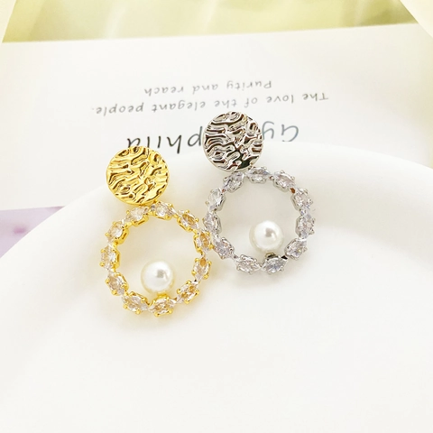Pendientes Colgantes Retro Franceses Cobre Martillado Chapado En Oro Circón Perla Artificial Con Poste De Pendiente De Plata De 925
