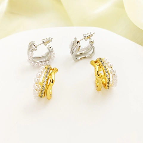 Mehrlagige C-Förmige Wellenohrringe Mit Zirkonia Künstliche Perlenimitat Und 925 Sterling Silber Ohrstecker Elegante Damen Schmuck