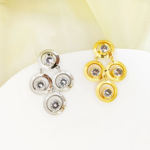 Geometric Interlocking Circle Drop Earrings With Zircon Inlaid Copper 18K Gold Plated 925 Sterling Silver Earring Post