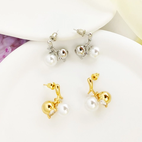 Elegante Kunstparel Oorknopjes Koper Verguld Met Zirkoon En 925 Sterling Zilveren Oorbelpost Zoete Stijl Voor Dames