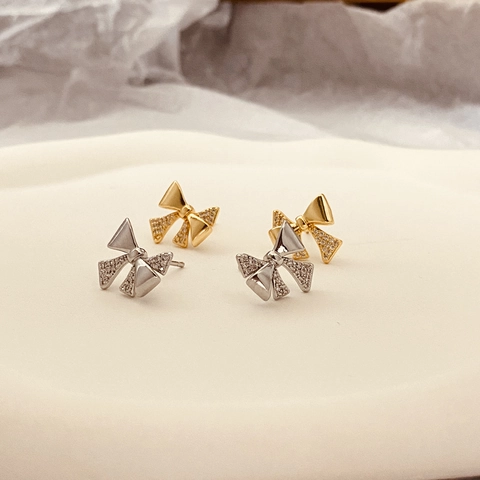 Bowknot Stud Earrings Micro Paved Zircon Copper With 925 Sterling Silver Earring Post For Women Korean Style Simple