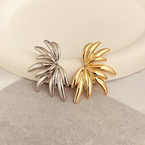 Angel Wings Fan Stud Earrings Copper 18K Gold Plated With 925 Sterling Silver Earring Post Radial Leaf Chic For Women