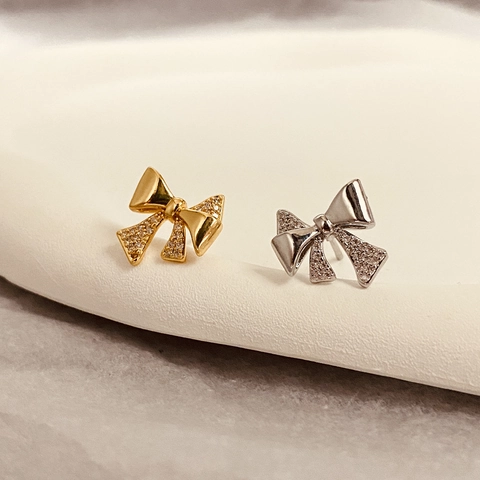 Bowknot Stud Earrings Micro Paved Zircon Copper With 925 Sterling Silver Earring Post For Women Korean Style Simple