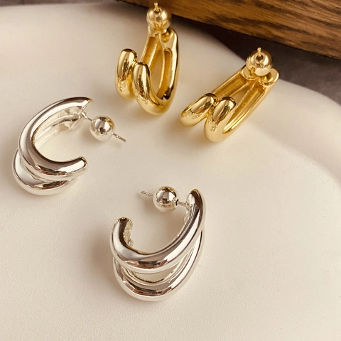 Pendientes de Botón de Cobre en Forma de C de Doble Capa Chapados en Oro de 18K Geométricos Chic para Mujer Joyería
