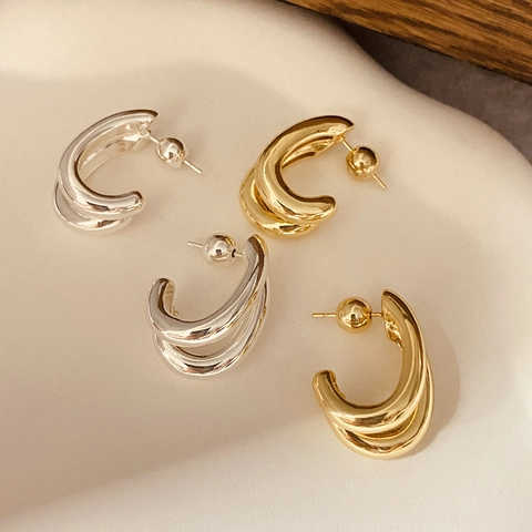 Pendientes de Botón de Cobre en Forma de C de Doble Capa Chapados en Oro de 18K Geométricos Chic para Mujer Joyería