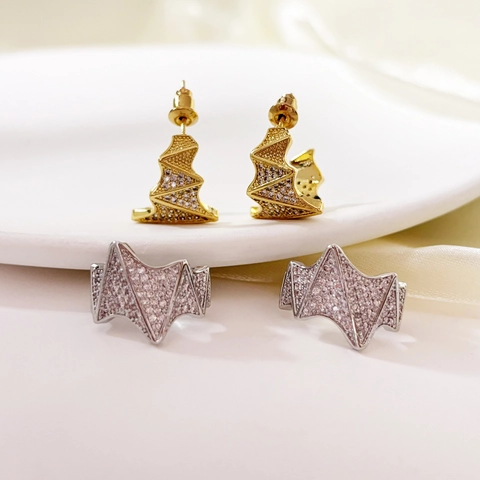 Geometric Irregular Wave Stud Earrings Copper 18K Gold Plated With 925 Sterling Silver Earring Post Zircon For Women