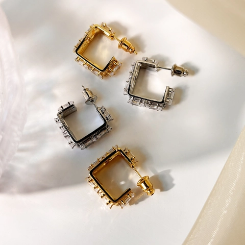 Geometrische Quadratische Creolen Für Frauen Mit 925 Sterling Silber Ohrstecker Kupfer 18K Vergoldet Zirkonia