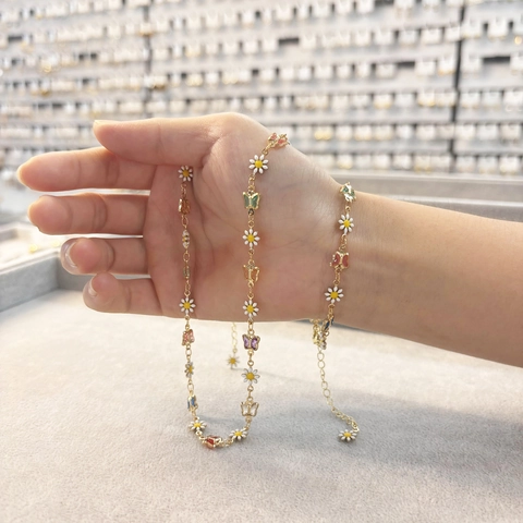 Gold Plated Copper Daisy Bracelet And Necklace Flower Butterfly Evil Eye Enamel Jewelry For Women Korean Style Accessory