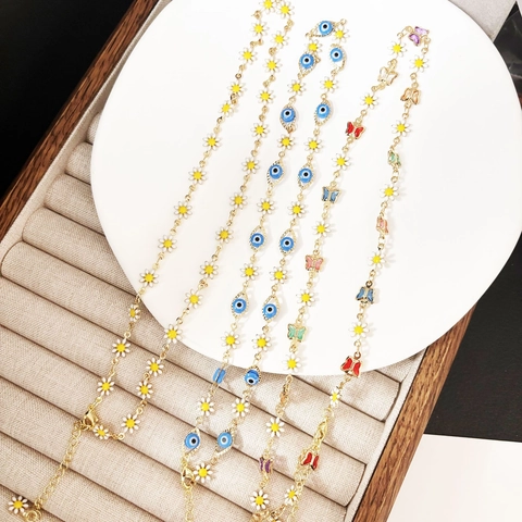 Gold Plated Copper Daisy Bracelet And Necklace Flower Butterfly Evil Eye Enamel Jewelry For Women Korean Style Accessory