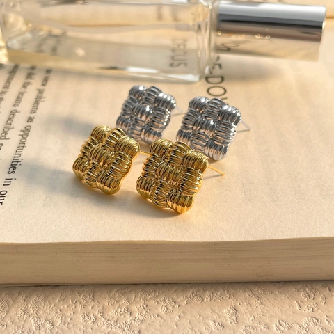Square Stud Earrings Woven Texture Geometric Minimalist Copper With 925 Sterling Silver Earring Post For Women Fashion