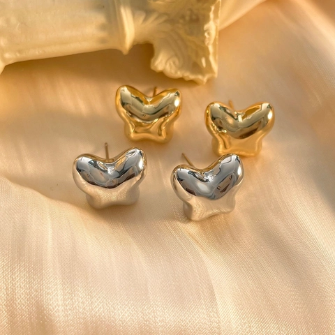 Butterfly Stud Earrings 18K Gold Plated Copper Liquid Metal Texture Elegant Minimalist Jewelry For Women