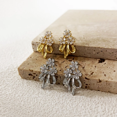 Zirkonia Blumen Schleifen Ohrstecker Vergoldetes Kupfer Mit 925 Sterling Silber Ohrring Post Französisch Elegant Damen