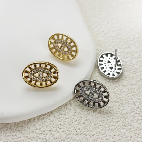 Luxury Micro Pave Zirconia Oval Stud Earrings With 925 Sterling Silver Earring Post Copper 18K Gold Plated For Women