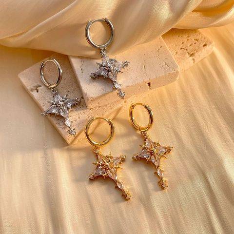 Gold Plated Copper Cross Zirconia Earrings Necklace Fashion Minimalist Elegant Starburst Religious Women Accessories