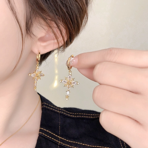Gold Plated Copper Cross Zirconia Earrings Necklace Fashion Minimalist Elegant Starburst Religious Women Accessories