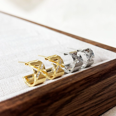 C-Shape Geometric Stud Earrings 18K Gold Plated Copper With Cubic Zirconia And 925 Sterling Silver Earring Post