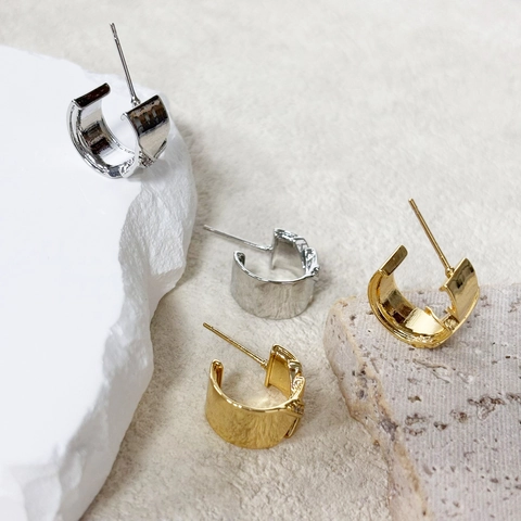 C-Shape Geometric Stud Earrings 18K Gold Plated Copper With Cubic Zirconia And 925 Sterling Silver Earring Post