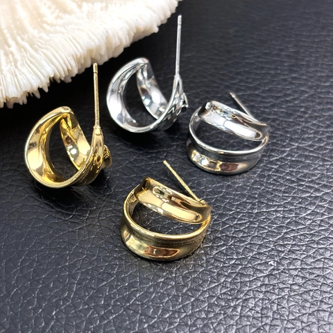 Hollow C-Shaped Stud Earrings 18K Gold Plated Double Layer Geometric Polished Copper Earring Post For Women