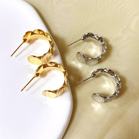 Orecchini A Cerchio Geometrici A C Rame Placcato Oro 18K Trama Martellata Con Perno In Argento Sterling 925 Per Donna