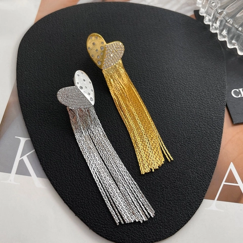 Pendientes de Borla de Corazón de Lujo Chapado en Oro de 18K Cobre Zirconia Cadena Larga Flecos para Mujer Fiesta Boda Joyería