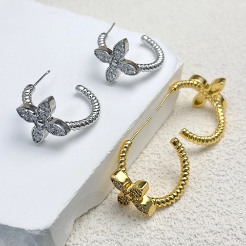 C-Form Creolen Kupfer Zirkon Blume Schmetterling Design Mit 925 Sterling Silber Ohrstecker Elegant Für Damen